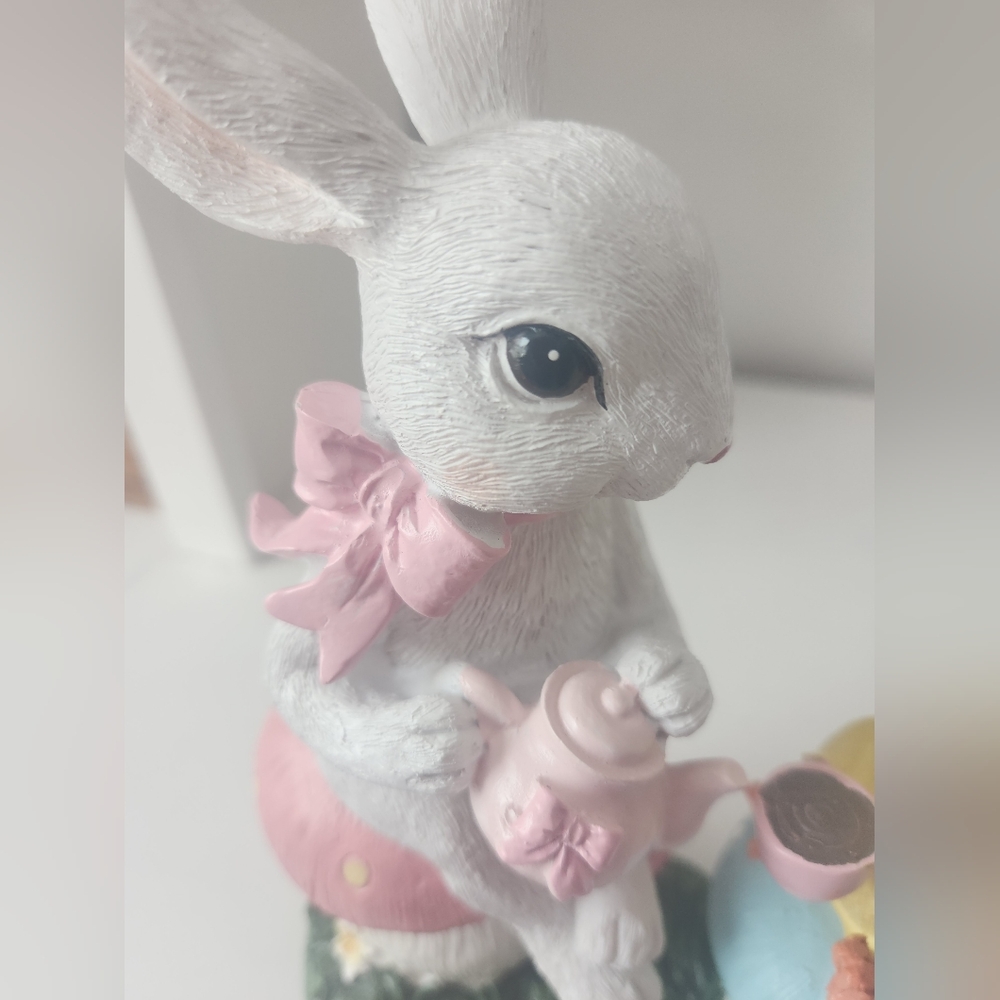 White Rabbit and Yellow Chick Sitting On Mushrooms Having Tea Figurine Resin - Picture 5 of 10